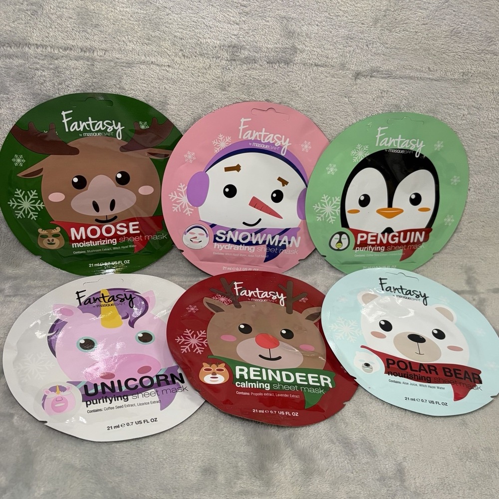 MasqueBAR Fantasy Holiday Sheet Mask Lot 6 Moose Snowman Penguin‎ Reindeer Bear